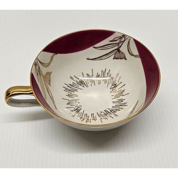 Gebruder Winterling Porcelain Tea Cup & Saucer Set Maroon Gold Floral Design MCM - Picture 4 of 8